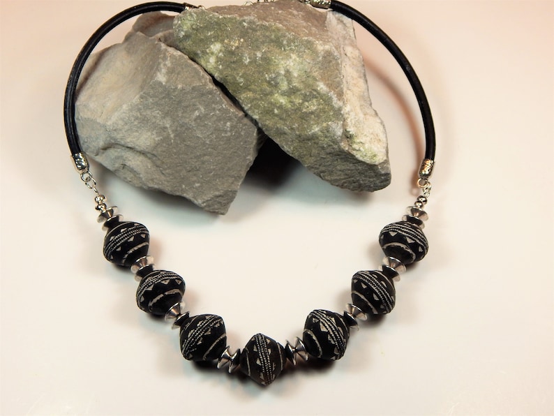 N154 Black White and Silver African Beaded Necklace