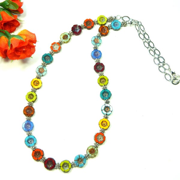 Necklace with Multi Color Czech Flower Beads (N50)