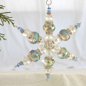 Iridescent Blue and Crystal Snowflake Christmas Ornament (S32)