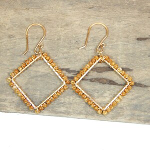 Gold and Brown Square Wire Wrapped Earrings (E154)