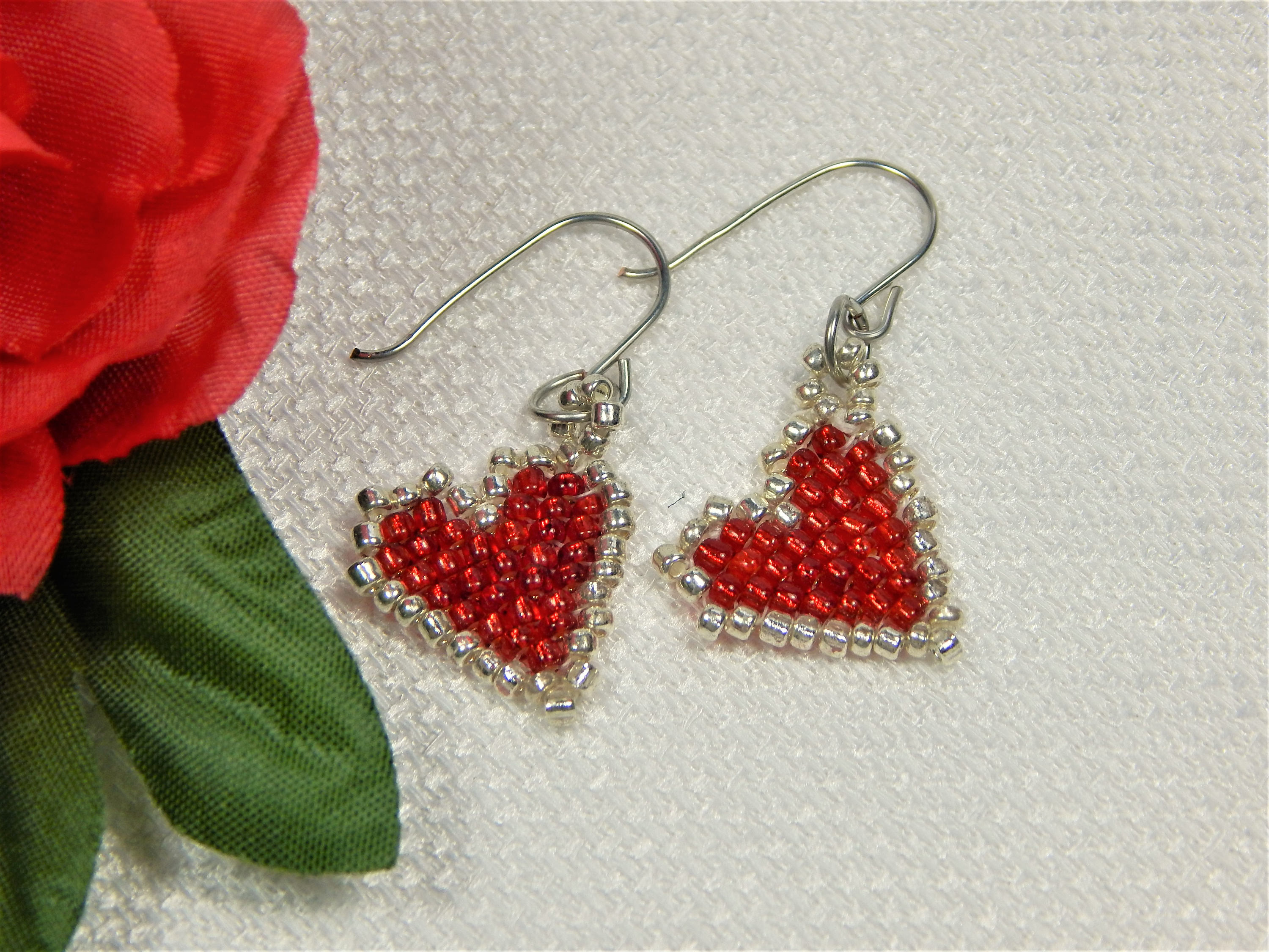 Heart Earrings Red and Silver Valentine Seed Bead Earrings | Etsy