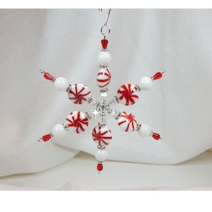 Red and White Peppermint Snowflake Christmas Ornament (S23)