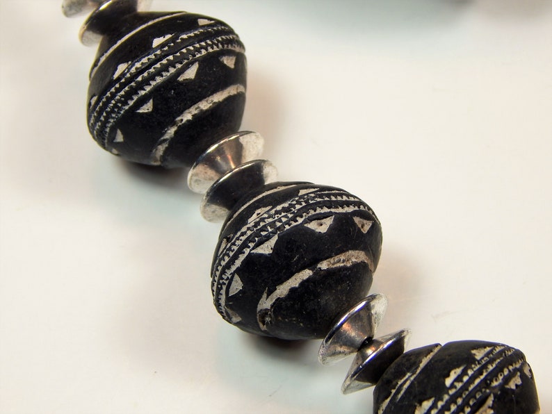 N154 Black White and Silver African Beaded Necklace