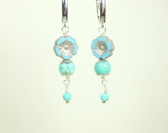 Aqua Czech Glass Flower Drop Earrings (E72)