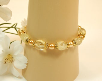 Citrine and Pearl Stone Stretch Bangle (B19)
