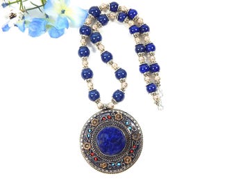 Pendant with Blue and Silver Inlaid Focal (N230)