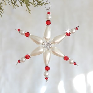 Snowflake Christmas Ornament Red Crystal & Pearl (S77)