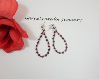 Hoop Earrings with Garnet and Silver Beads (E285)