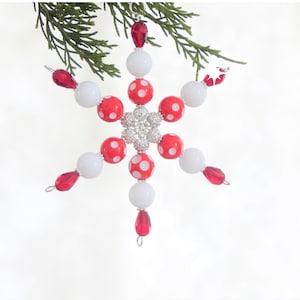 Red and White Polk-a-dot Snowflake Christmas Ornament (S76)