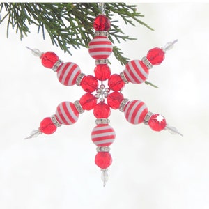 Red and White Striped Snowflake Christmas Ornament (S67)