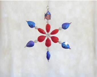 Red, White, and Blue Snowflake Christmas Ornament with Flag Charm (S13)