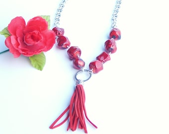 Necklace with Red Coral and Tassel (N151)