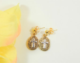 Mixed Metal Cross Charm Earrings (E79)