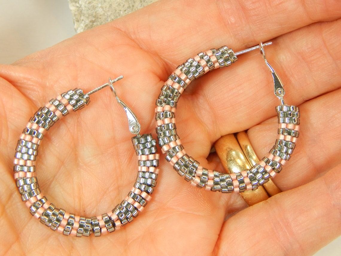 Silver and Pink Seed Bead Hoop Earrings E207 Etsy
