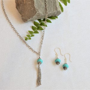 Silver Chain and Turquoise Tassel Necklace (N80)