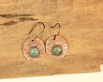 Copper and Malachite Coin Stone Earrings (E78)