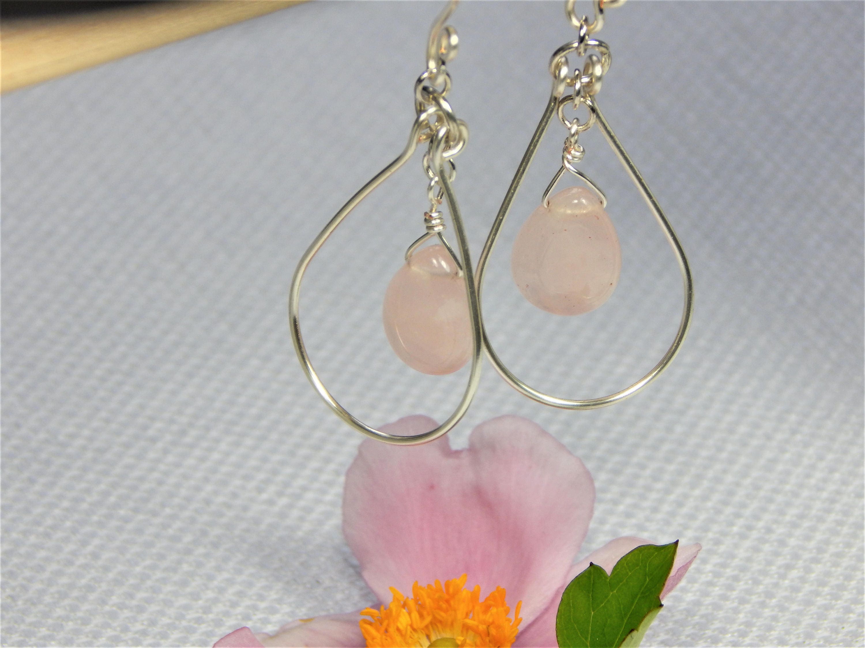 Rose Quartz Teardrop Wire Hoop Earrings E25 - Etsy