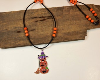 Halloween Pendant Necklace Orange and Black Rhinestone Jack-o-Lantern  (HN4)