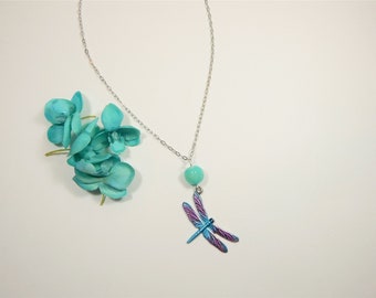 Dragonfly Pendant Aqua and Pink Hand Painted (N12)