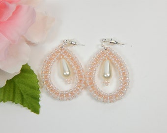 Pink and Pearl Seed Bead Teardrop Hoop Earrings (E223)