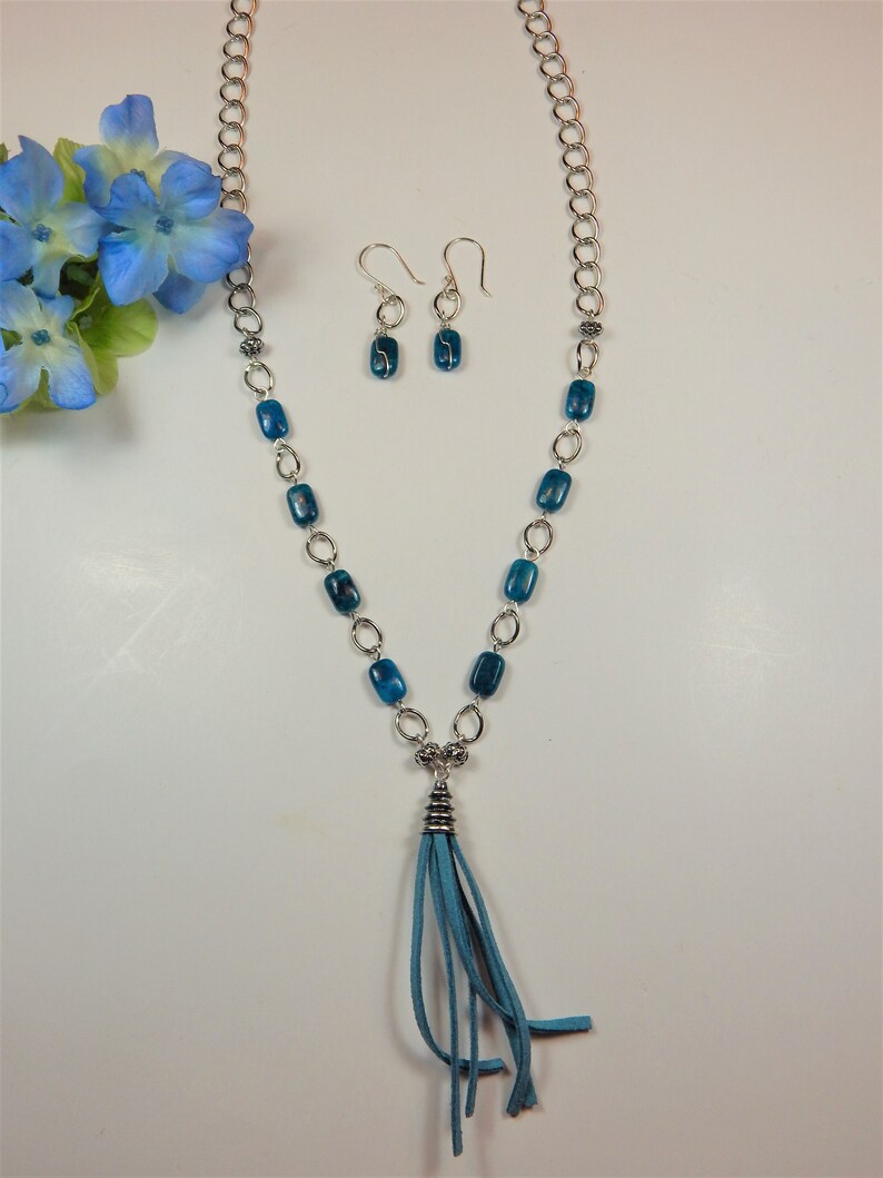 Blue Apatite Square Lariat Necklace with Tassel N95