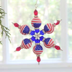 Red White and Blue Flag Snowflake Christmas Ornament (S82)