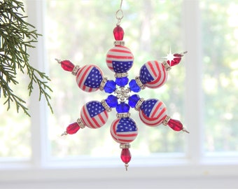 Red White and Blue Flag Snowflake Christmas Ornament (S82)