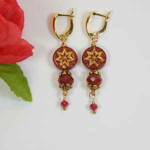 Red and Gold Czech Glass Dangle Earrings (E52)