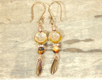 Earrings Czech Flower Brown Dangle (E142)