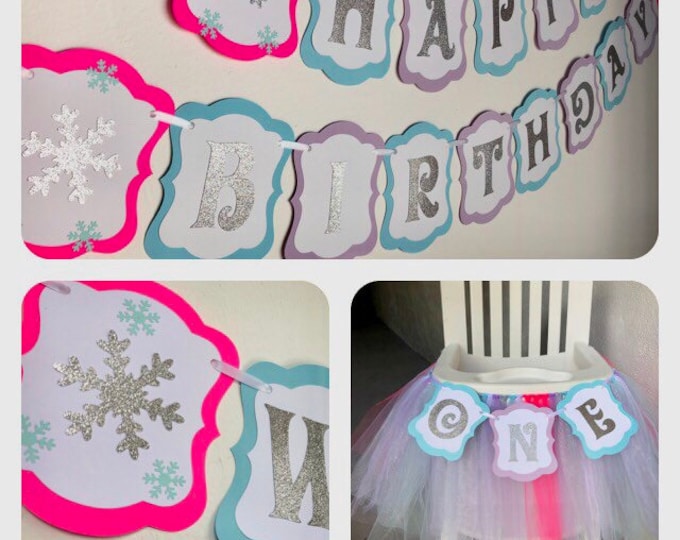 Winter ONEderland first birthday banner, winter wonderland birthday decorations, winter wonderland highchair tutu