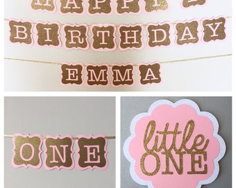 1st Birthday Party Package, Pink and Gold First Birthday Banner. Happy First Birthday, Pink and Gold ONE High Chair Banner.