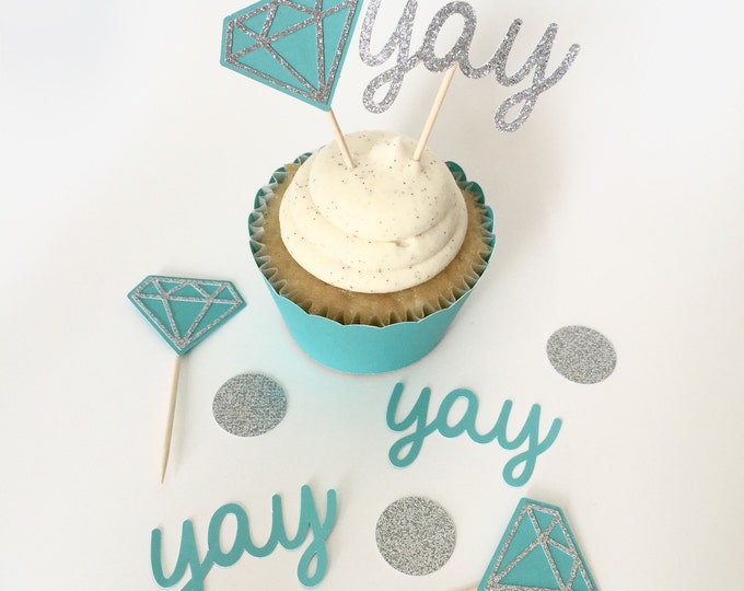 24 Diamond Donut Toppers. Diamond Ring Cupcake topper. Bridal Shower Cupcake topper, Wedding Cupcake topper. Teal cupcake topper