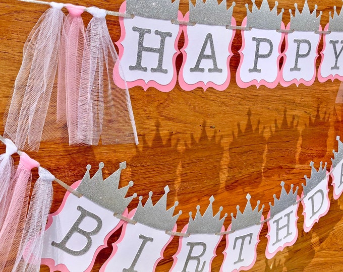Pink and Silver First Birthday Banner. Princess birthday banner. Princess birthday party decor