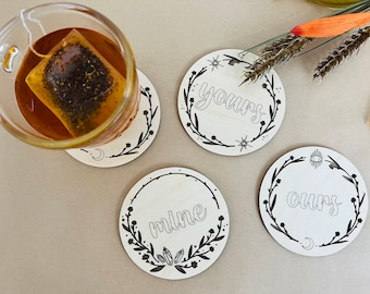 custom set of 4 wood coasters, witchy coasters, housewarming gift, hostess gift, home Christmas gift, boho home gift