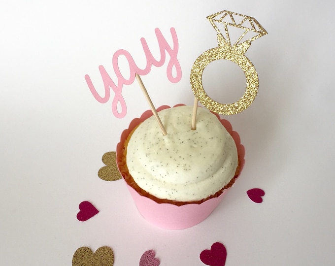 24 Pink and Gold Diamond Cupcake Toppers and Wrappers. Glitter Yay Cupcake wrapper. Diamond Cupcake or Donut topper Bridal Shower Wedding