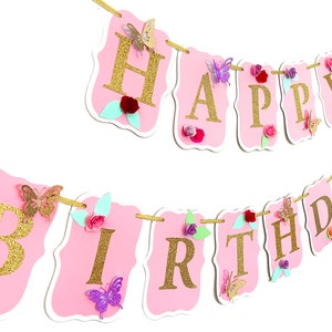 Butterfly birthday banner, summer birthday, afternoon tea birthday, butterfly birthday decor, pink and gold birthday banner