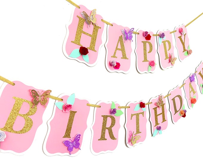 Butterfly birthday banner, summer birthday, afternoon tea birthday, butterfly birthday decor, pink and gold birthday banner