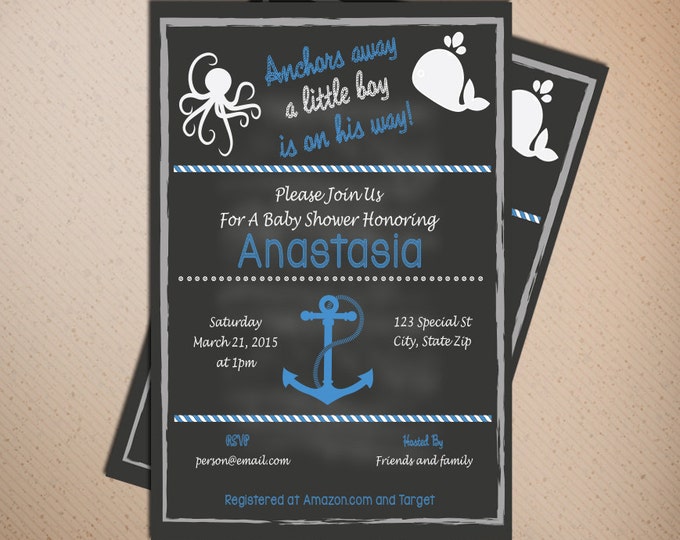 Nautical Baby Shower Invitation, Whales baby shower invitation, Nautical Boy baby shower, Chalkboard Invitation, Printable Digital