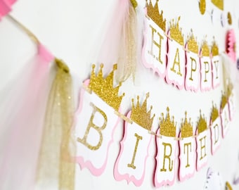 Pink and Gold First Birthday Banner. Princess birthday banner. Princess birthday party decor