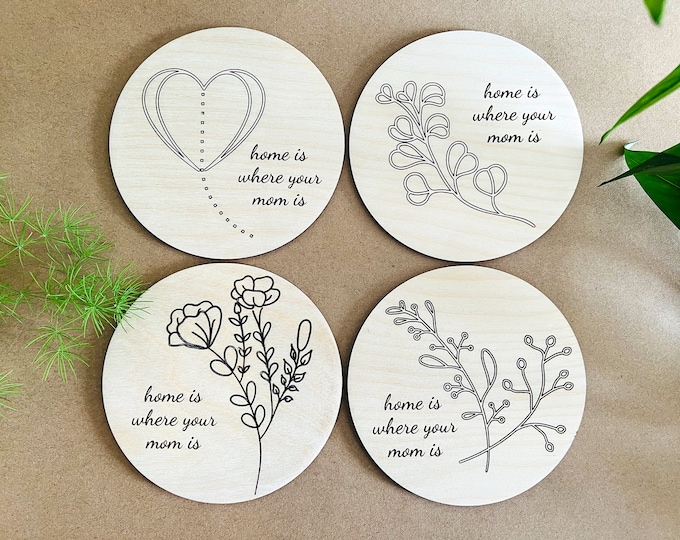 mother's day gift, set of 4 wood coasters, floral coasters, gifts for moms, home is where your mom is