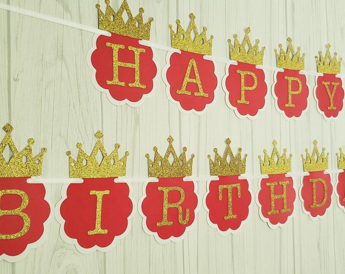 Red and Gold First Birthday Banner. Princess birthday banner. Princess birthday party decor