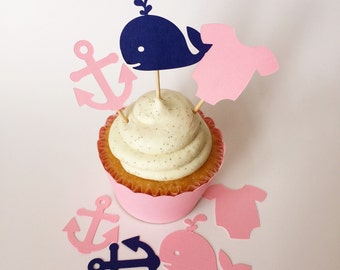 24 Nautical baby shower cupcake toppers, pink anchors and whales cupcake toppers, nautical girl baby shower, preppy baby shower, pink onesie