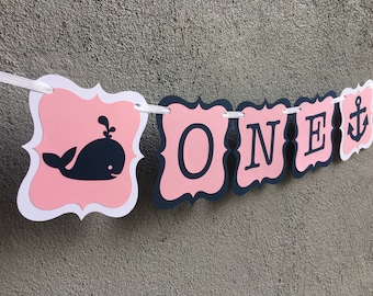 Nautical High Chair Banner. First Birthday Decorations. ONE High Chair Banner. Anchors and whales banner
