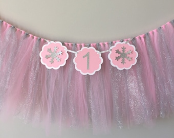 Winter Onederland high chair tutu, first birthday high chair tutu, pink and silver high chair tutu, high chair banner