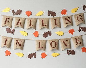 Falling In Love Burlap Banner, Fall Decor, Fall Wedding, Falling in Love bunting, leaf garland, thanksgiving banner