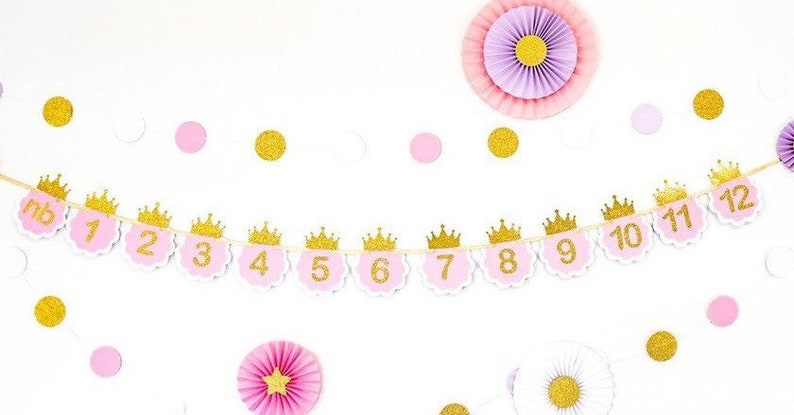 Pink and Gold Months Banner. Newborn to 12 Photo Months Banner. Princess birthday party decor image 3