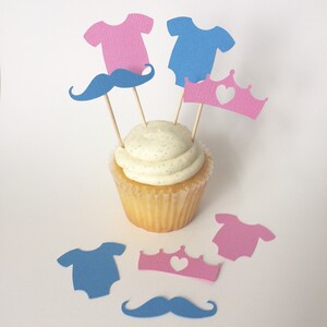 24 gender reveal cupcake toppers, boy or girl party, little man or little princess cupcake, gender reveal party