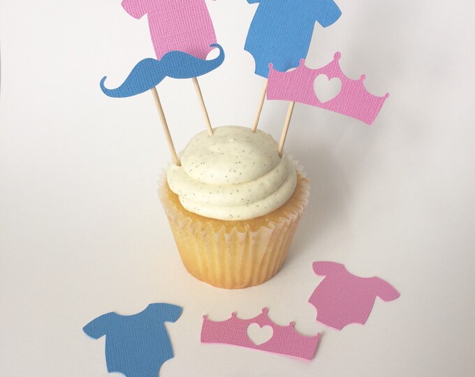 24 gender reveal cupcake toppers, boy or girl party, little man or little princess cupcake, gender reveal party