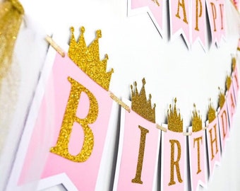 Pink and Gold First Birthday Banner. Princess birthday banner. Princess birthday party decor