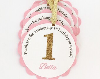 12 pink and gold thank you tags, pink and gold party favors, pink and gold first birthday thank you tags